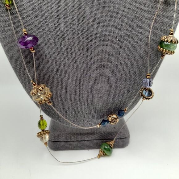 Chico's Three Strand Rhinestone Layering Necklace, Green Purple Beads, 19 Inches - Picture 2 of 12